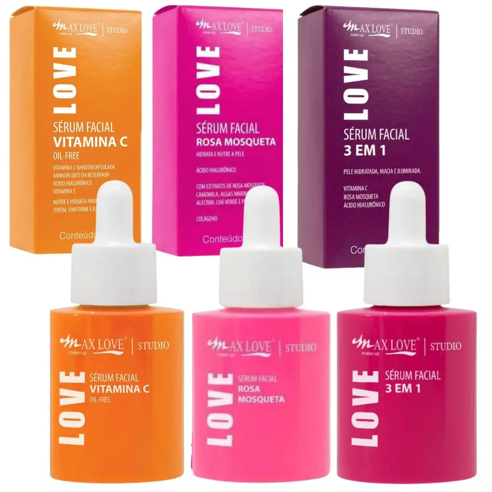 Kit c/ 3 Sérum Max Love Vitamina C + Sérum 3 em 1 + Sérum Rosa Mosqueta